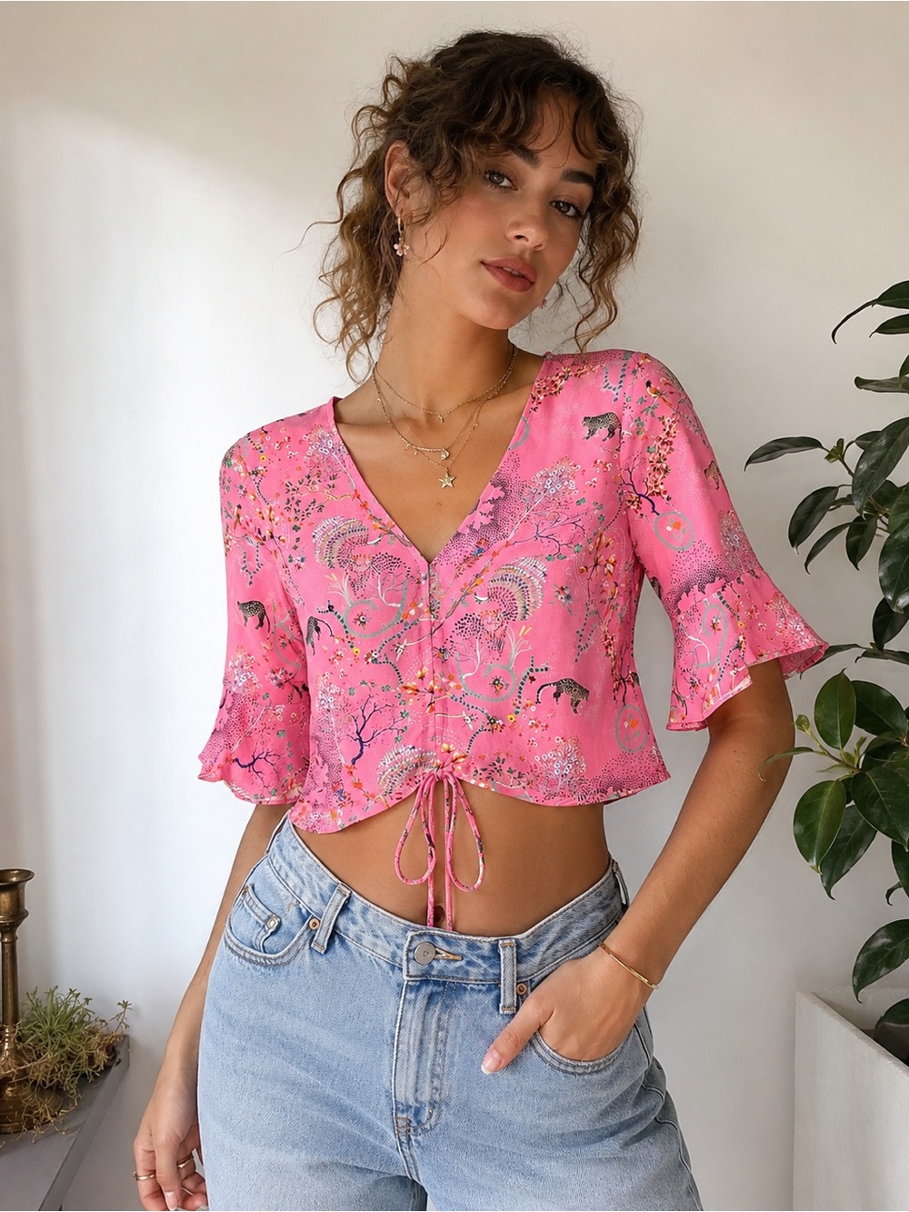 Topshop Pink Botanical Leopard Print Tie Front Blouse Boho Festival